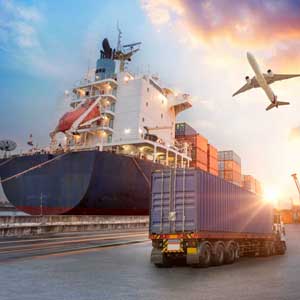 Cargo ship at port with shipping containers, truck unloading cargo, and airplane in the sky, representing PowerTech's international generator solutions for export markets.