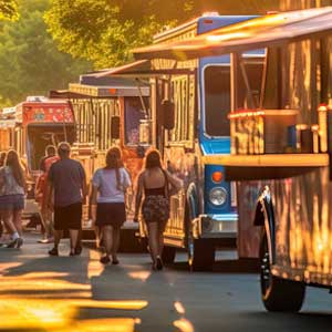 Mobile food service scene featuring food trucks and people walking, highlighting the need for reliable generators to power kitchen equipment and refrigeration systems.