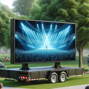 Mobile command generator trailer displaying large screen with vibrant stage lights and audience, illustrating PowerTech's solutions for marketing and entertainment events.