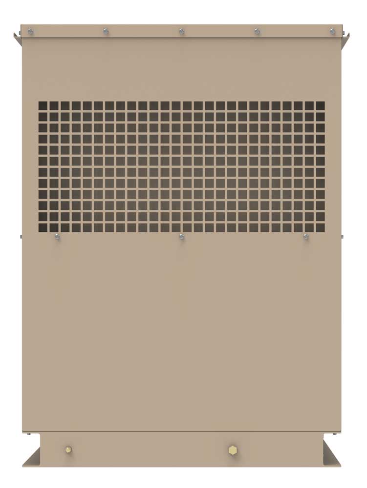 Diesel generator enclosure with front-facing radiator outlet, coated in flat tan 686 CARC paint, featuring large removable doors for maintenance accessibility.