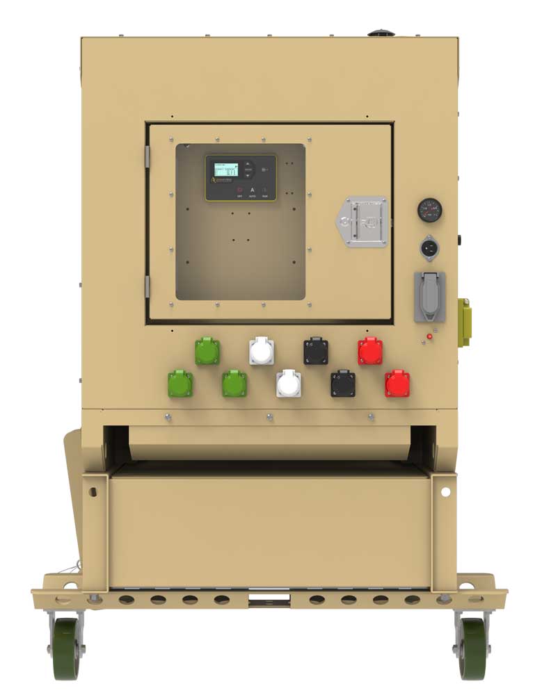Diesel generator PTI-22PSB-T4F-FTUS with remote monitoring system, control panel, and color-coordinated design for seamless integration in mobile building deployment.