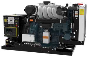 Gasoline-powered PowerTech PTGK-20 generator, 20,000 watts, compact design for mobile medical vehicles, featuring single-side servicing and quiet operation.