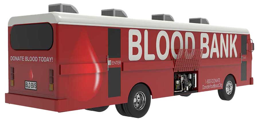 Bloodmobile vehicle with large "BLOOD BANK" lettering, designed for blood donation, featuring a vibrant red exterior, donation encouragement text, and visible generator compartment for reliable power supply.
