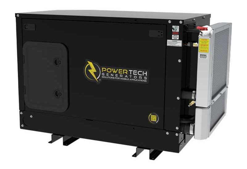 Enclosed PowerTech generator with branding, designed for mobile applications, showcasing robust construction and efficient cooling system, relevant to export generator solutions.