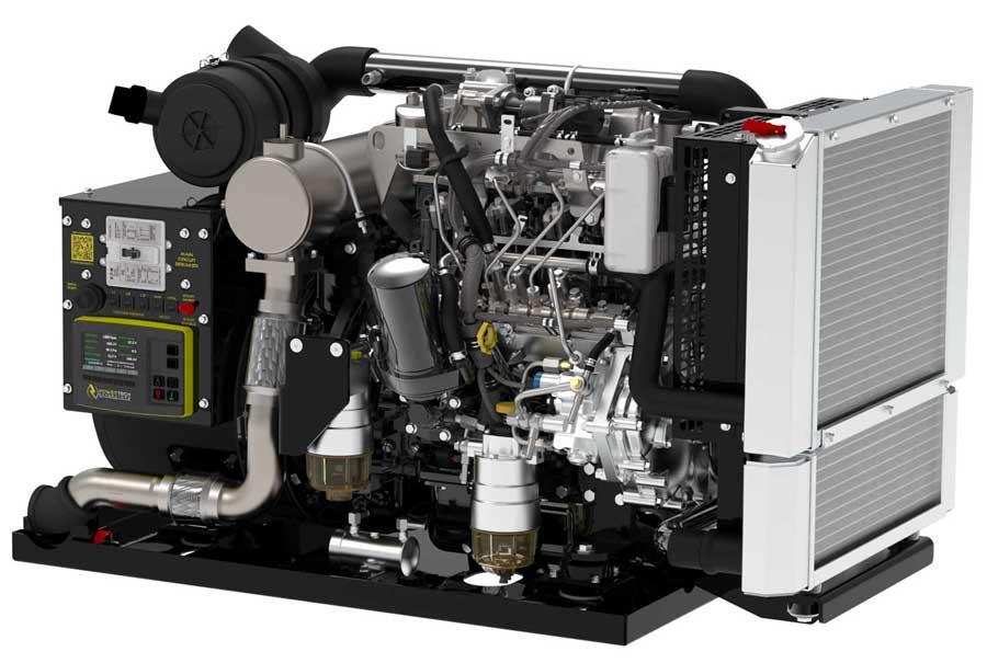 Homeland security generator engine with control panel and exhaust system, showcasing advanced engineering for reliability and efficiency in critical applications.