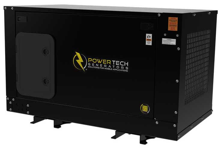 PowerTech generator designed for mobile applications, featuring a sleek black exterior, labeled with the brand logo and specifications, emphasizing portability and reliability for events and outdoor setups.