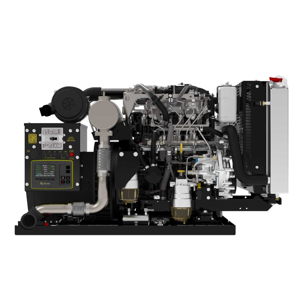 PowerTech Tier 3 generator showcasing advanced engineering features, designed for reliable operation in diverse international fuel conditions, with control panel and exhaust system visible.