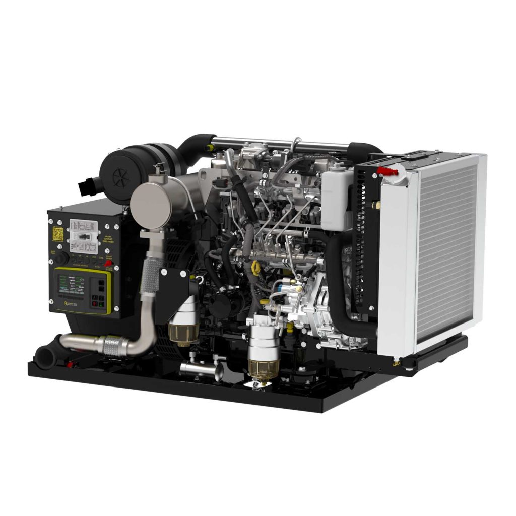 15 kW open diesel generator PTI-15 by PowerTech, showcasing engine components and control panel, designed for mobile applications and customizable power solutions.
