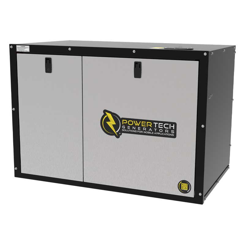 Enclosed diesel generator by PowerTech with brushed stainless steel doors, designed for optimal airflow management and noise reduction, suitable for urban and mobile applications.