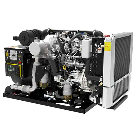 30 kW open diesel generator engine with detailed components, including fuel system, exhaust outlet, and electrical panel, relevant to PowerTech generator specifications.