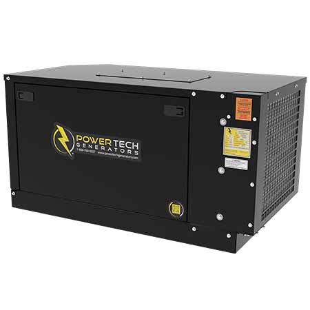 Enclosed diesel generator by PowerTech, featuring a compact design, powder-coated insulated cabinet for durability, and sound-dampening capabilities, ideal for mobile applications and sensitive environments.