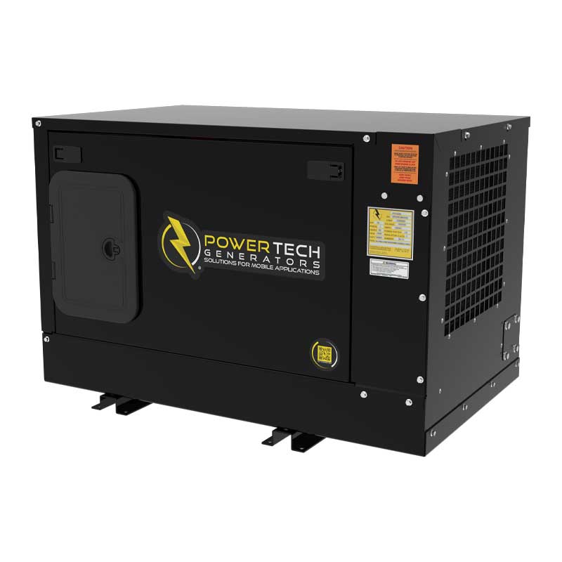 Enclosed PowerTech PTGK-12ENC gas generator, featuring sound-dampened housing, designed for mobile applications such as food trucks, offering reliable power and space efficiency.