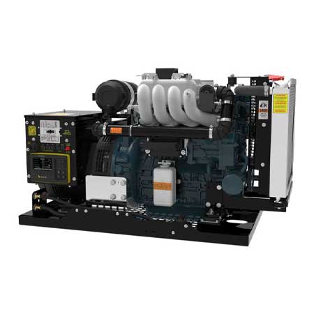 Open-frame gas-powered generator with rugged design, showcasing engine components and control panel, ideal for industrial applications and mobility.