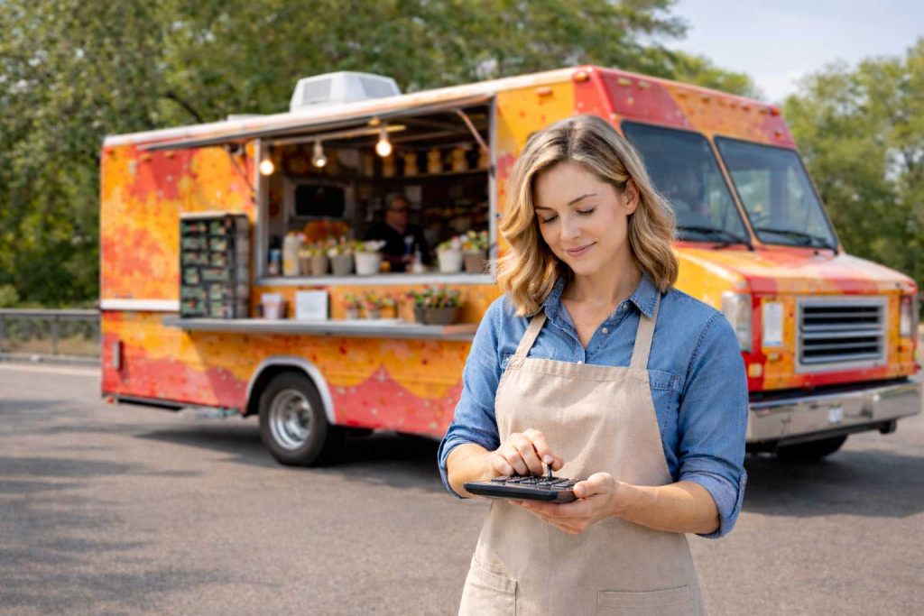 Woman using a calculator in front of a colorful food truck, illustrating the importance of generator load calculations for mobile businesses.